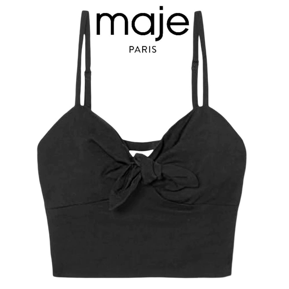 MAJE linen blend Cropped Knotted Piqué Top Black cami bow front sz 2 medium